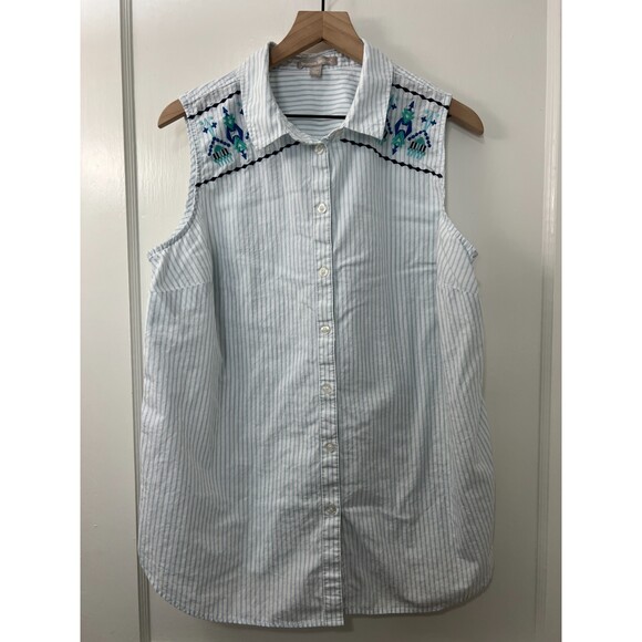 Woman Within Sleevless Button Up Shirt Blue White Stripe Embroidered - Size L - Picture 1 of 10